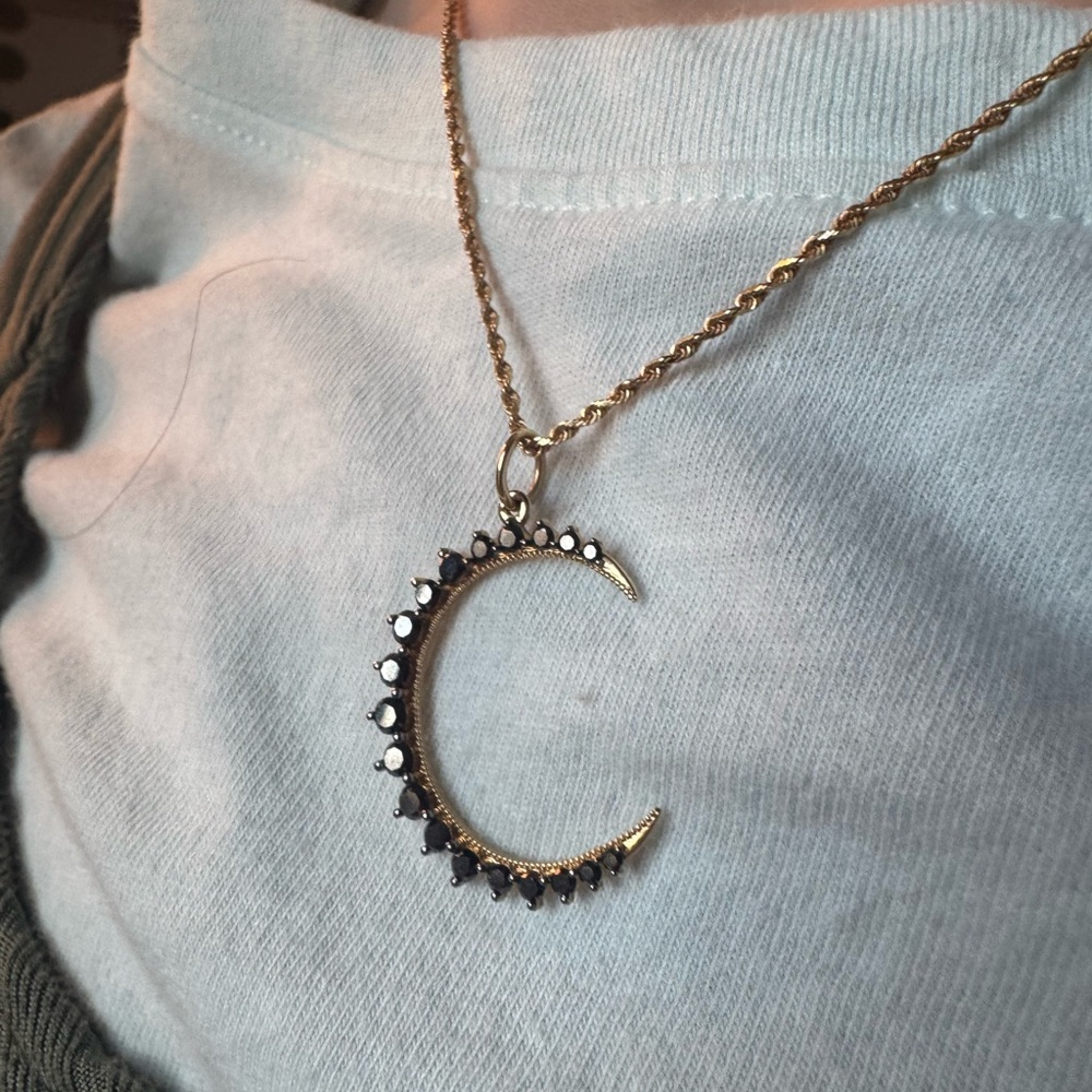 14k Gold and Black Diamond Moon Pendant - Picture 10 of 10